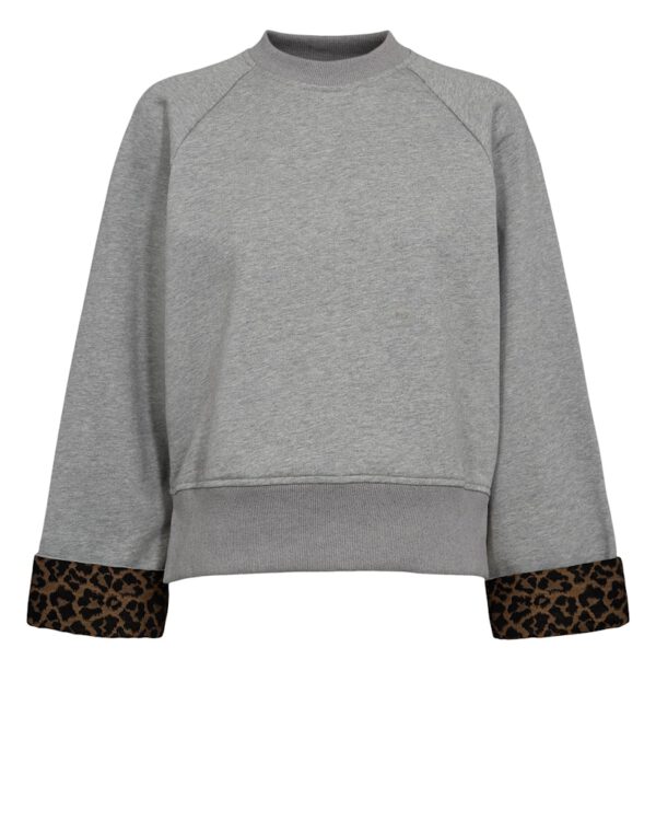 Graues kurzgeschnittenes Sweatshirt mit seitlichen Schlitzen und Ärmelumschlägen mit Leoprint