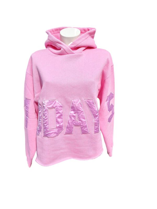 Produktfoto eines Hoodies in Pink mit Aufdruck an Ärmeln und im Bauchbereich 10days