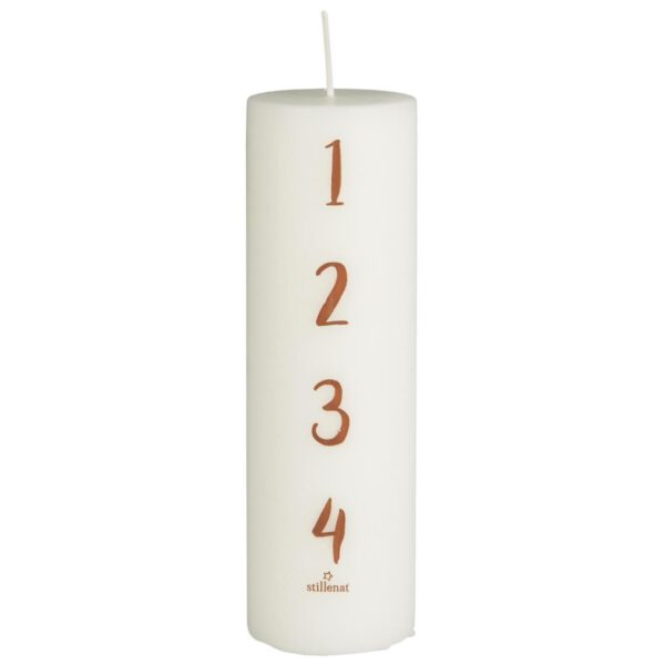 Stumpenkerze weiss mit den Zahlen 1, 2, 3, 4 Adventskerze