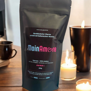 Eine schwarze 250 gr Tüte mit Espressobohnen namens MoinAmore Espresso