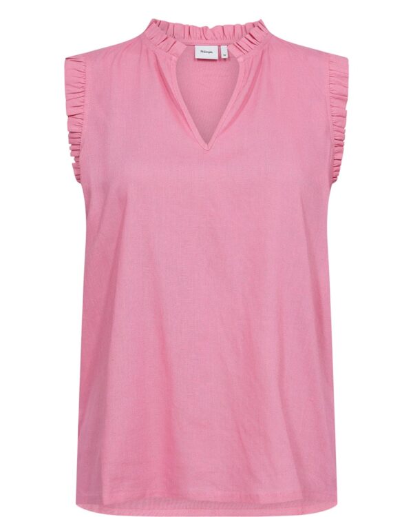 Nutusa Top in pink von Nümph aus Viskose, Baumwolle und Leine mit V-Ausschnitt und leicht gerüschten Ärmeln hüftlang