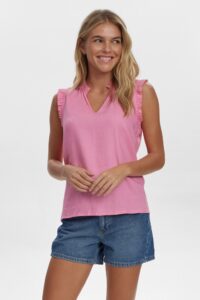 Nutusa Top in pink von Nümph aus Viskose, Baumwolle und Leine mit V-Ausschnitt und leicht gerüschten Ärmeln hüftlang